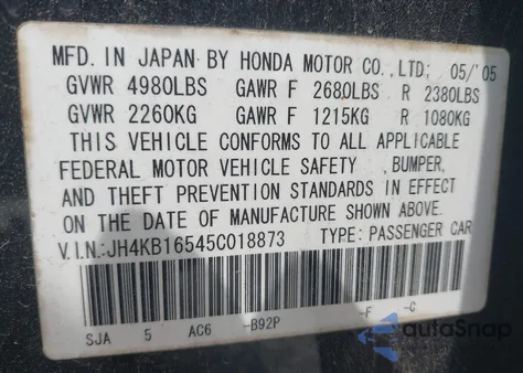 2005 Acura Rl from USA, damaged, VIN JH4KB16545C018873
